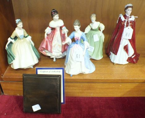 A Royal Worcester figure 'In Celebration of The Queen's 80th Birthday 2006', (boxed) and four Royal Doulton figures: 'Eleganc