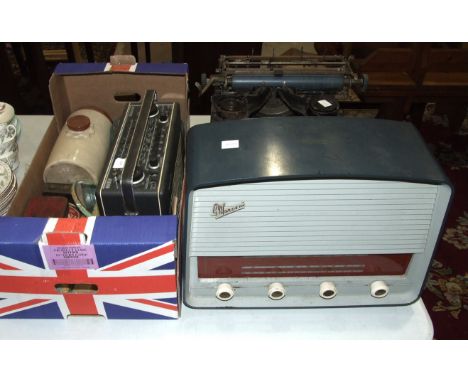 A Marconiphone Model T84 BT duplicate series no.2285 radio, a Hacker 'Helmsman' transistor radio, a vintage Royal typewriter 