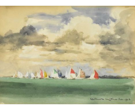Norman Wilkinson (1878-1971) Racing off Cowes, signed and dated 1962 lower right, watercolour, 13.5 x 18.5 cm, frame 25 x 29 