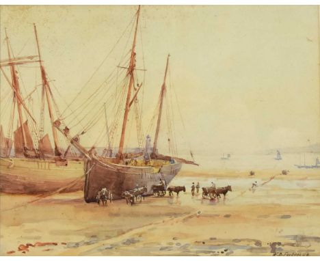 William Banks Fortescue RBSA RWA (Newlyn School 1850-1924) Unloading the Catch at Low Tide, signed lower right, watercolour, 