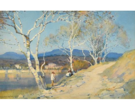 Albert Moulton Foweraker (1873-1942) Spanish Landscape, Two Figures at Ease next to the Waterside, signed lower left, waterco