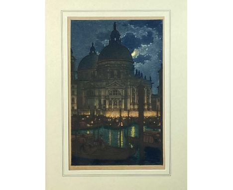 Frederick Marriott (1860-1941) Illumination on the Grand Canal, showing the Santa Maria by moonlight with gondolas moored in 