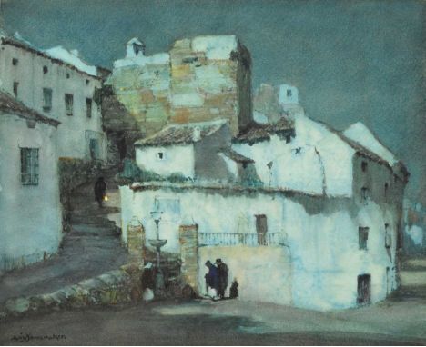 Albert Moulton Foweraker RBA (1873-1942) Moonlit Scene in a Spanish Town, figures gathering by a water fountain, signed lower