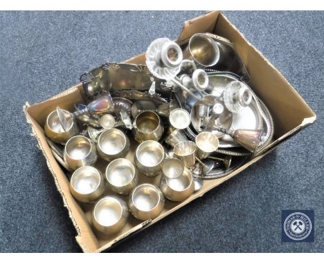 A box of 20th century plated wares including tankards, goblets, candelabra etc