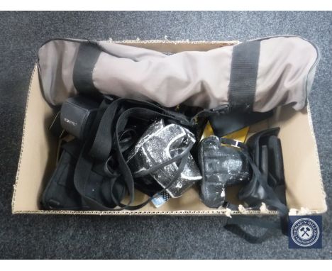 A box of assorted cameras including Nikon, Olympus and Minolta with lens, camera cases, camera tripod in bag   CONDITION REPO