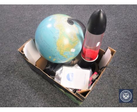 A box of globe on stand, lava lamp, assorted cameras 