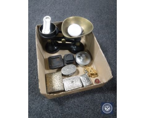 A box of vintage kitchen scales and weights, trinket boxes, pewter lidded dish, sterling silver and enamelled lidded pot 
