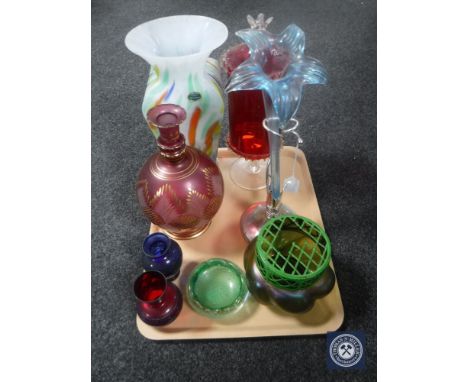 A tray of coloured glass ware - Murano art glass vase, petrol glass rose bowl, metal and glass epergne etc 