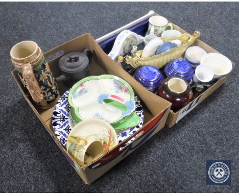 Two boxes of assorted china including Rington's caddies, Maling mug, Aynsley mantel clock, oriental teapot, wall plates etc