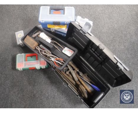 Five plastic tool boxes of assorted hand tools and hardware 