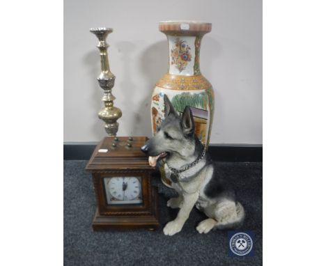 A Japanese vase (a/f), metal candle holder, jewellery box in the form of a mantel clock, figure of an Alsatian 