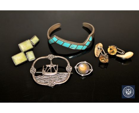 A group of silver jewellery including agate and citrine cufflinks, Celtic brooch, turquoise bangle etc