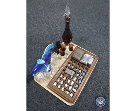 An abstract pottery teapot, glass ware, thimble stand containing Wedgwood and other thimbles, windproof lighter, cigarette ca