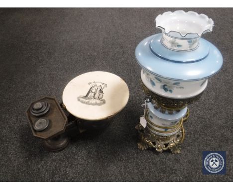 A brass and glass oil lamp with shade and chimney (converted), set of vintage kitchen scales with weights 
