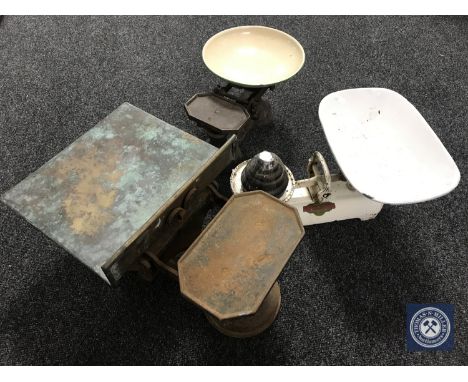 Three sets of antique kitchen scales (one with weights) 