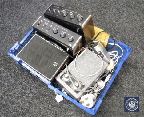 A basket of two Realistic SA 10 solid state stereo amplifiers, stereo pre amplifier switcher box and speaker 