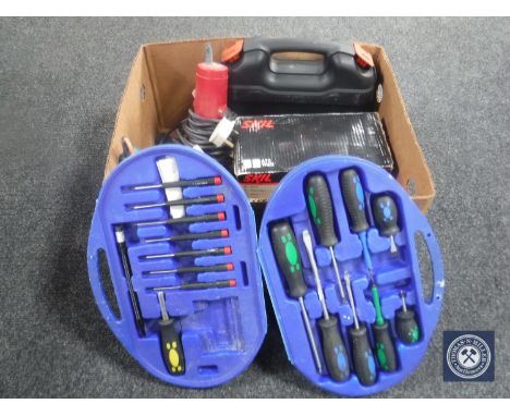 A box of cased screwdriver set, cased Black &amp; Decker multi-tool, Black &amp; Decker sander etc 