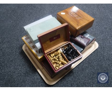 A tray of travel chess set, electronic chess set, card boxes and playing cards 