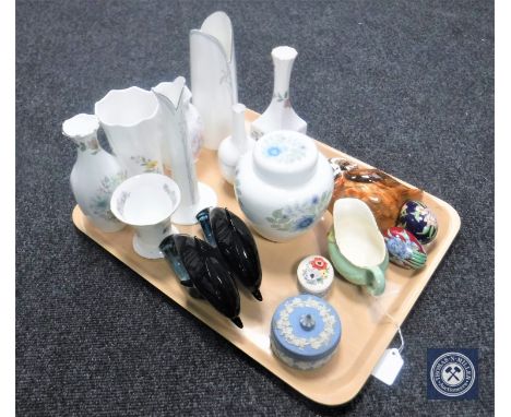 A tray of assorted china including Wedgwood Jasper ware trinket dish, two Poole dolphins, Royal Doulton and Aynsley vases etc