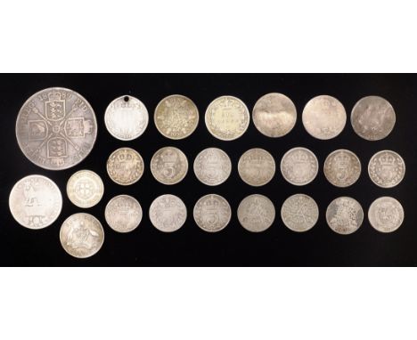 Victorian silver double florin, silver threepenny pieces and 1887 sixpence approx 2.5oz in horn snuff box    Condition Report