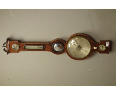 Early 19th century figured mahogany five dial barometer, swan neck pediment, signed 'I. Ronchetti, York',H98cm   Condition Re