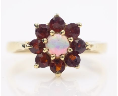 Opal and garnet gold cluster ring hallmarked 9ct   Condition Report  2.3gmsize M Click here for further images, condition, au