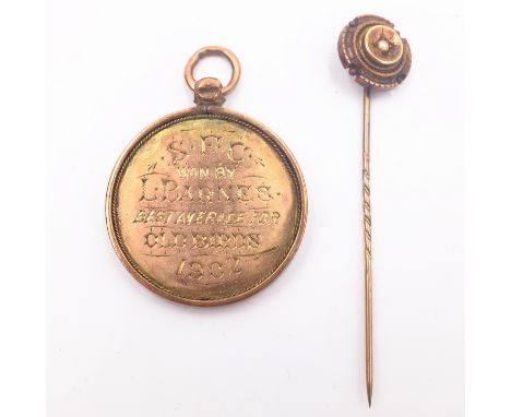 Gold pigeon medal tested to 14ct and a Victorian stick pin   Condition Report  medal approx 9gm Click here for further images