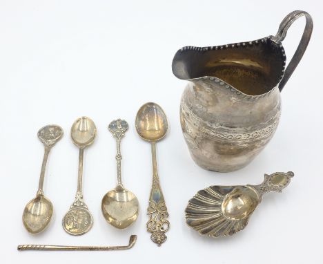 Silver cream jug London 1798, caddy spoon Sheffield 1911, golf and commemorative teaspoons approx 5oz   Condition Report   Cl