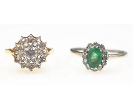 Emerald and diamond white gold cluster ring tested 9ct and and stone set cluster ring hallmarked 9ct   Condition Report  Emer