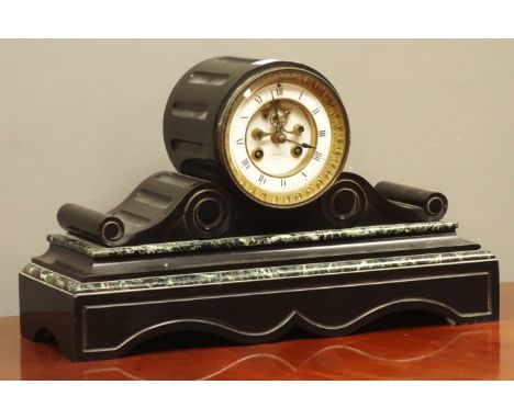 Victorian slate marble mantle clock, visible escapement, enamel dial signed 'M. Wehrly, York', W40cm   Condition Report   Cli