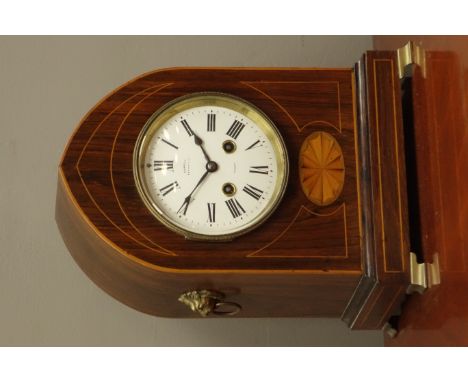 Edwardian rosewood lancet shaped mantel clock, inlaid with fan motif, boxwood stringing, twin train barrel movement, striking
