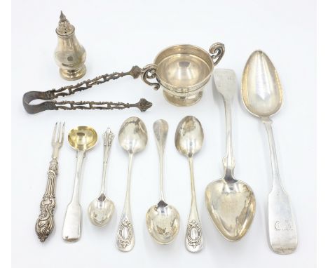 Pair of German silver serving spoons, three French silver teaspoons all marked, trophy cup, pepper, pair sugar nips, mustard 