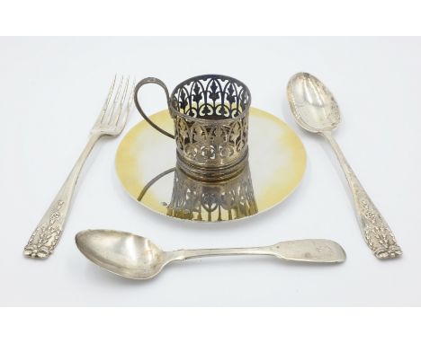 Hallmarked silver paten, silver fork and spoon, teaspoon and cup holder approx 7oz   Condition Report   Click here for furthe