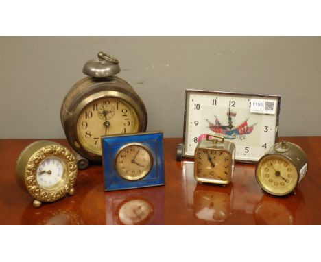 Mid 20th century 'Smiths' Coronation 1953 mantel clock, 20th century circular stained beech alarm clock and four other small 