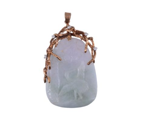  A jade and diamond pendant,   the twisted branch like 9 carat gold setting with brilliant cut diamond accents, with a jade p
