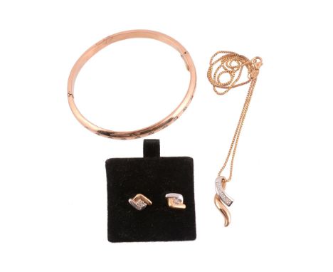  A diamond pendant,   the polished two colour pendant set with brilliant cut diamonds, on a box link chain, stamped 14kt, 45c