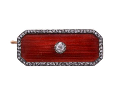  An early 20th century Russian enamel and diamond brooch,   the rectangular canted corner panel with red guilloche enamel cen