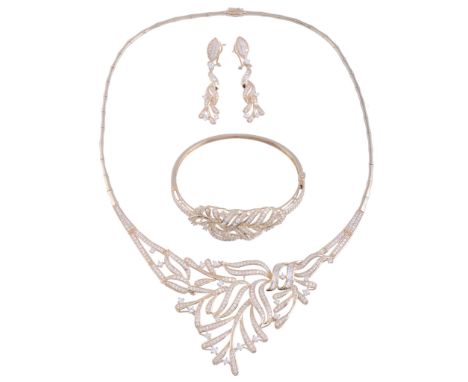  A white stone jewellery suite,   the necklace with pierced foliate panels, set with round and step cut white stones, stamped