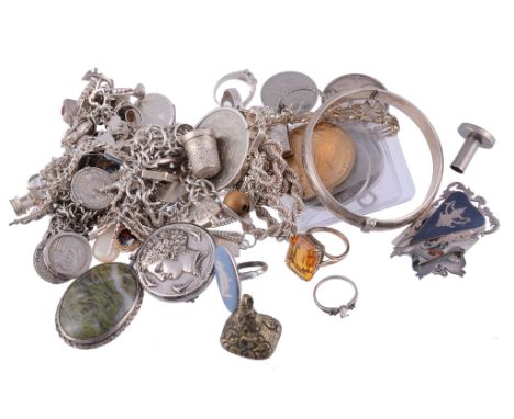  A collection of silver coloured jewellery and costume jewellery  , to include: a silver hinged bangle; two silver charm brac