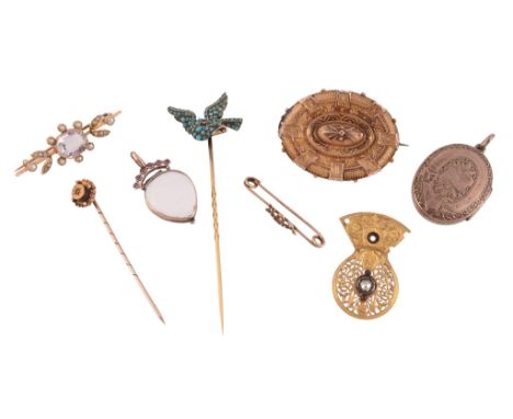  A collection of antique jewellery,   comprising a quartz and seed pearl foliate bar brooch, circa 1900, stamped 15ct; a mid 