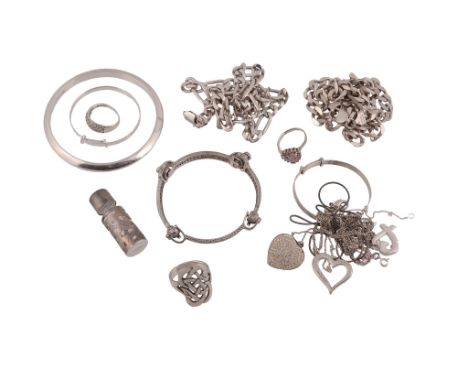  A collection of silver and silver coloured jewellery  , to include a polished silver bangle; a white stone set silver bracel