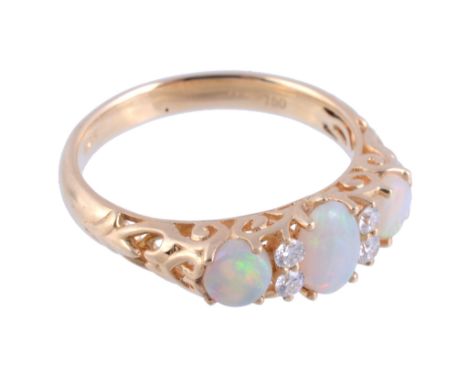  An 18 carat gold opal and diamond ring,   the central oval shaped opal claw set between brilliant cut diamonds, with two cir