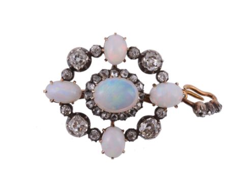  An opal and diamond brooch/pendant,   the central oval cabochon opal claw set within a surround of rose cut diamonds, to an 