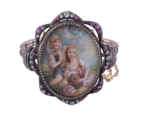  A ruby and diamond set miniature bangle,   the oval plaque painted with a seated flower girl and a male companion, 4.3cm lon