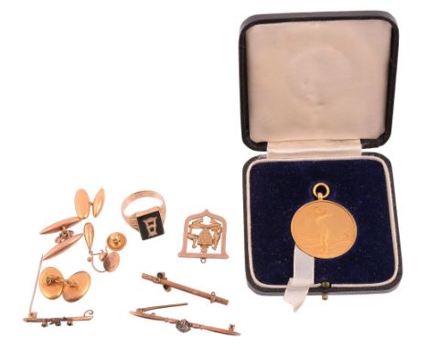  A small collection of gold and gold coloured jewellery,   to include two single 18 carat gold cufflinks; a dress stud stampe