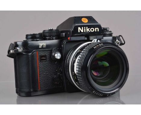 A Nikon F3 SLR Camera, serial no 143361, shutter working, meter responsive, self-timer working, body G, some letter wear on F