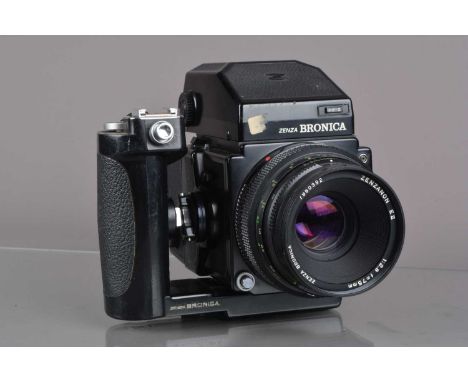 A Zenza Bronica ETRS Camera, serial no 7104510, shutter working, body G, some light wear, with Zenzanon E II 75mm f/2.8 lens,