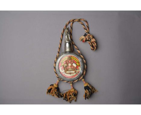 Stanhopes,  an early 20th Century German plated metal military drinking flask, printed in German 'Home Watchword out of Hamel