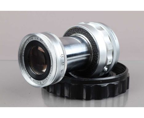 A Leitz Wetzlar 9cm f/4 Collapsible Elmar M Lens, serial no 1522648, 1957, barrel G-VG, light wear, elements F-G, some fungus