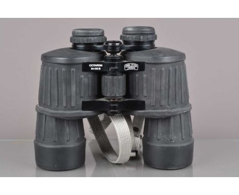 A Pair of Carl Zeiss Jena 8X50B Octarem Binoculars, serial no 6634990, rubber armored, body G, some wear, elements G-VG, with